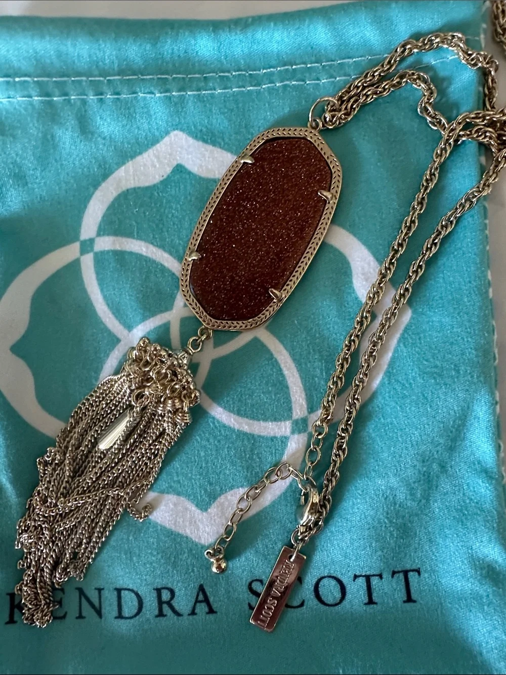Kendra Scott Gold-Tone Rayne Tassel Necklace with Orange Goldstone Pendant